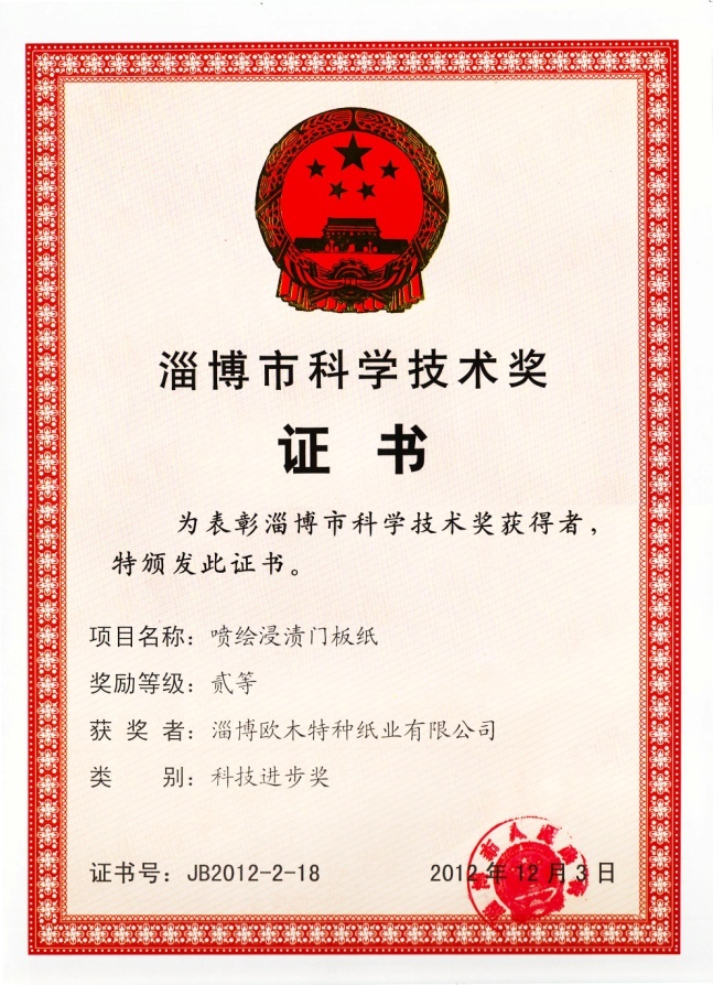 我公司噴繪浸漬門板紙項目獲淄博市科技進(jìn)步二等獎