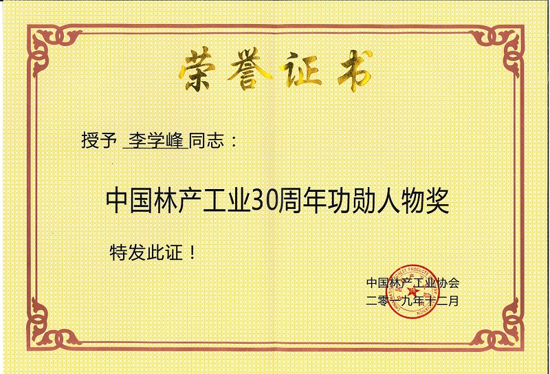 董事長李學(xué)峰被授予 “中國林產(chǎn)工業(yè)30周年功勛人物獎”